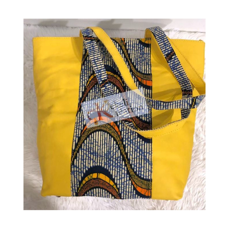 Sac "Wamii" en cuir jaune et pagne Wax