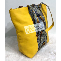 Sac "Wamii" en cuir jaune et pagne Wax