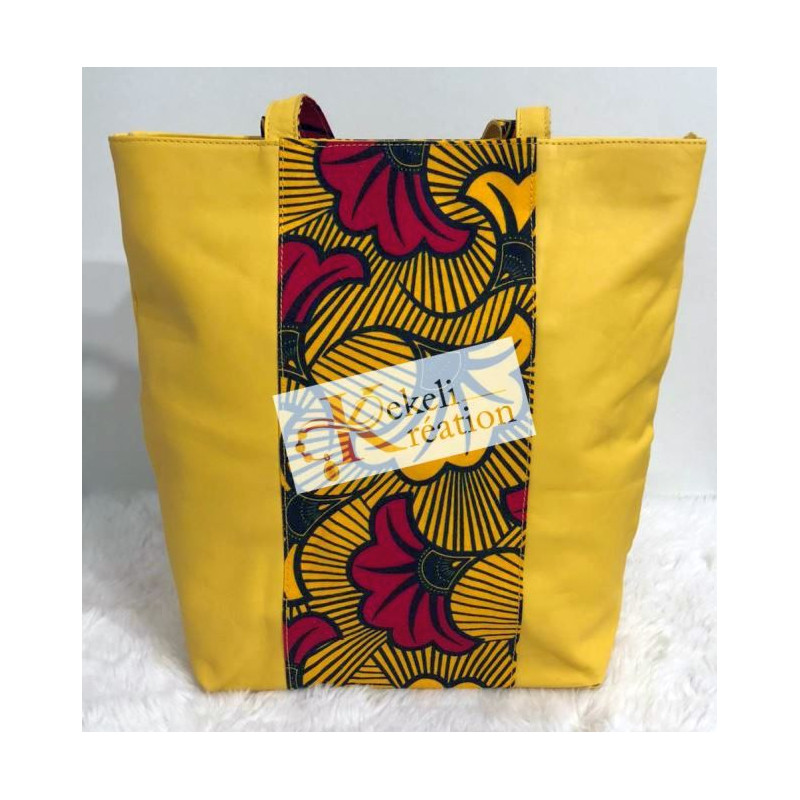 Sac "Wamii" en cuir jaune et pagne Wax