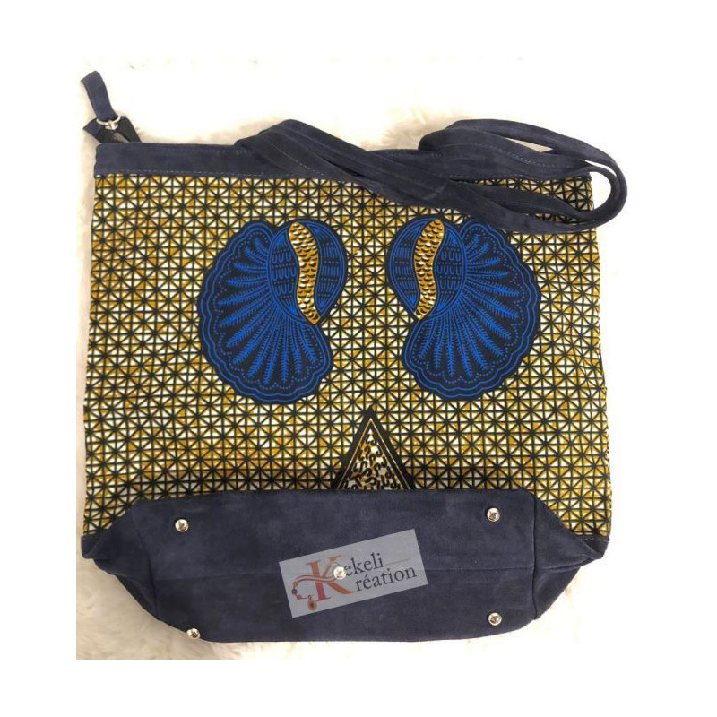 Sac "Afedjou" en daim bleu marine et pagne Wax